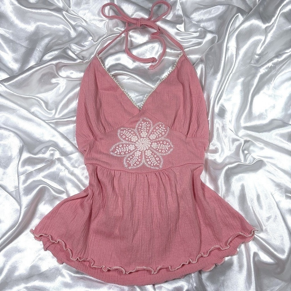 y2k boho Halter Top Pink Embroidered Floral Gauze Babydoll Lettuce Hem